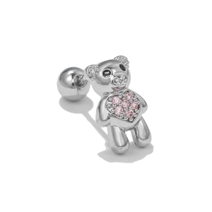 Orecchino a perno a forma di orso in argento con cristallo rosa e chiusura a vite