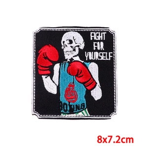 Punk skeleton boxer embroidered patch with boxing text for DIY denim jacket decor