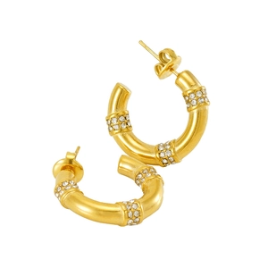 Boucles d'oreilles bambou en acier inoxydable plaqué or 18K et zircons blancs