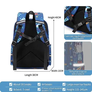 Blue kids backpack with rocket prints featuring reflective strips and chest buckle