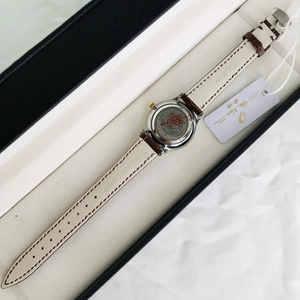 Close-up of stainless steel watch back and genuine leather strap with retail tag