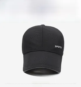 Detail of black breathable mesh sports baseball cap with white SPORTS embroidery
