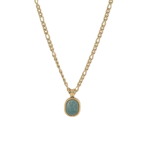 Minimalist gold necklace with oval mint green amazonite stone pendant on white background
