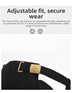 Detail of adjustable metal buckle and textured fabric on back of black baseball cap