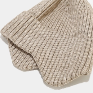 Unisex warm ribbed knit earflap beanie hat in oatmeal color with folded cuff design