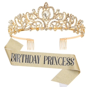Birthday Princess set with golden rhinestone crown and glitter sash for girls' parties