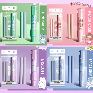 Retractable pen-style eraser set with 2 refills in dinosaur and space themes