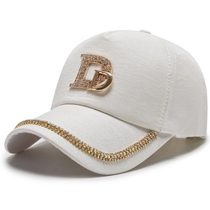 White baseball cap with rhinestone letter D and sparkling chain trim on the brim