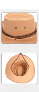 Détail du chapeau de cowboy camel avec œillets métalliques et ruban décoratif tressé