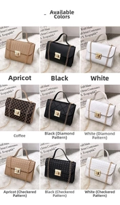 Detail view of stylish crossbody bags with metal twist locks and textured chain straps