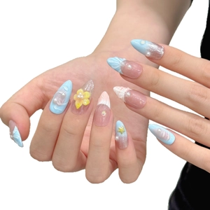 Long almond sea shell press on nails with 3D floral ocean design and pearls