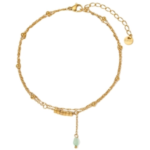 Zweilagiges Edelstahl-Fußkettchen in Gold mit grünem Perlenanhänger und Goldperlen