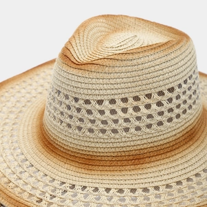 Close-up of western hollowed straw hat featuring natural gradient weave and breathable texture