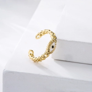 18K gold plated evil eye open ring featuring a vintage twisted chain design on white stone
