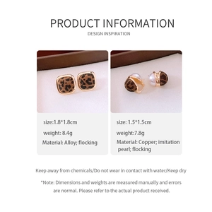 Detail view of leopard print geometric earrings with specific size and material specs