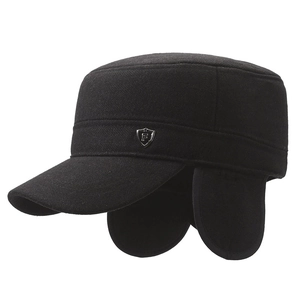 Men's winter black wool flat top cap with ear flaps and silver shield logo detail