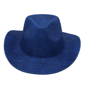Detail of a dark blue western cowboy hat with a curved brim and textured felt finish