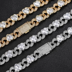 Iced Out Hart Cubaanse Schakel Sieradenset Voor Heren Dames Hip Hop Koper Zirkonia Ketting Armband Luxe Sieraden