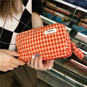 Trousse à maquillage en toile à carreaux jaune et rouge avec poignée et fermeture éclair