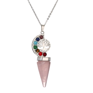Collana con pendente in cristallo rosa, albero della vita e gemme colorate su catena argento