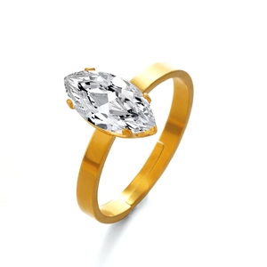Adjustable gold stainless steel ring featuring a large marquise-cut clear zircon stone