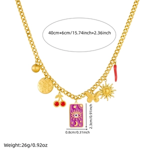Gold multi-pendant chain necklace with eye, cherry, and butterfly charms 40+6cm