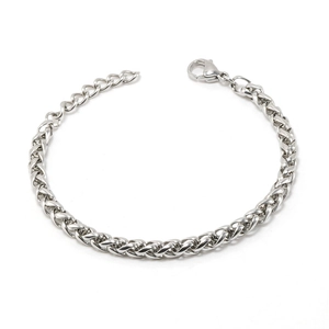Polished silver stainless steel braided wheat chain bracelet with lobster clasp and extender