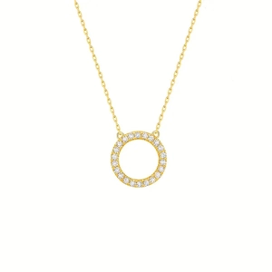 Close-up of 18K gold plated circle pendant with paved sparkling crystals on a fine chain
