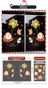 Detail showing Christmas window static stickers with dimensions and application effect