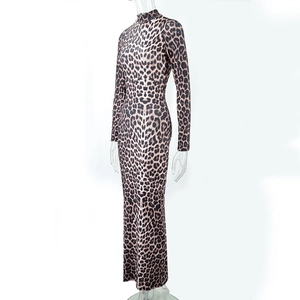 Side view of slim-fit leopard print maxi dress with long sleeves and mock neck