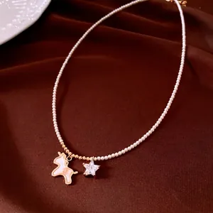 Unicorn Pendant Artificial Pearl Necklace For Women 18K Gold Plated Copper With Star Zircon Charm Elegant Jewelry Accessory