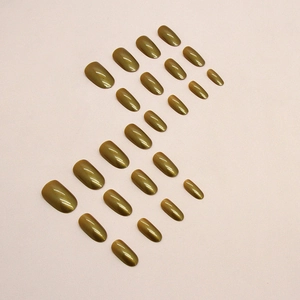 Set of 24 bronze aurora cat eye oval press-on nails with magnetic glitter effect