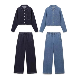 Women Denim Button Down Shirt And High Waist Drawstring Wide Leg Pants Casual Long Sleeve Crop Top Trousers