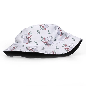 Detail showing cute koala print on white bucket hat with contrasting black inner lining