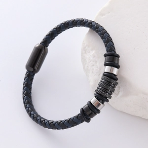 Men's double-layered woven leather bracelet with black and blue metal accents on stone
