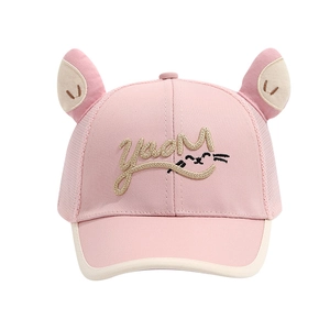 Pink breathable mesh kids baseball cap with cute cat ears and embroidered logo