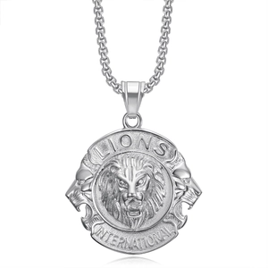 Silver stainless steel lion head relief pendant necklace with Lions International engraving