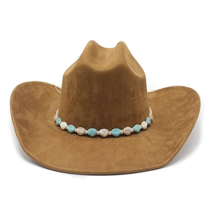 Close-up of ethnic beaded band on wide brim brown faux suede cowboy hat detail