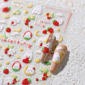 3D relief nail stickers featuring cute white bunnies, red strawberries and moon patterns