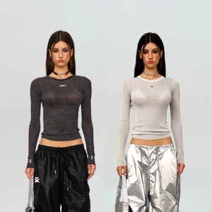 Cropped Knit Top Women Long Sleeve Slim Fit Round Neck Starry Glitter Metallic Texture Y2K Streetwear Thin Pullover