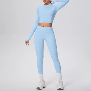 Ensemble de yoga bleu clair pour femme avec veste zippée à passe-pouce et legging