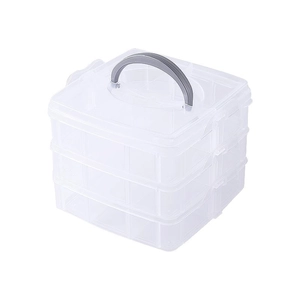 Three-layer clear plastic jewelry organizer box with a grey handle for accessories