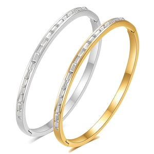 Brazalete Ovalado De Acero Inoxidable Con Circonita Baguette Incrustada Bisagra Joyería De Moda Minimalista