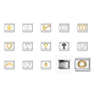 Detailed grid of modular Italian charm links in gold, silver and black stainless steel