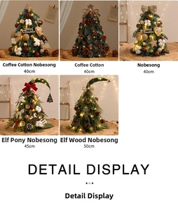 Close-up of five mini Noble Fir Christmas trees with LED lights and rustic decorations