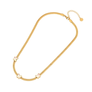 Golden stainless steel butterfly necklace with white mother of pearl inlay on white background