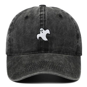 Detail of ghost embroidery on washed cotton baseball cap with a classic curved brim