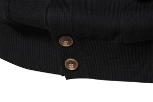 Detail of premium black knit cardigan showing brown buttons and texture on wool fabric