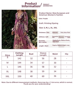 Tableau des tailles pour robe longue violette à manches longues et col en V