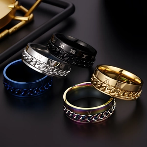 Men's rotating spinner rings with Roman numerals and cuban chain in five colors